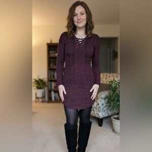 Women's Lace-Up Long Sleeve Knit Dress - Burgundy